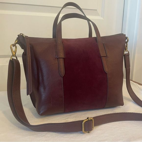 Fossil Handbags - FOSSIL Burgundy Suede Satchel Sydney Ryder Maddox Crossbody Tote Handbag